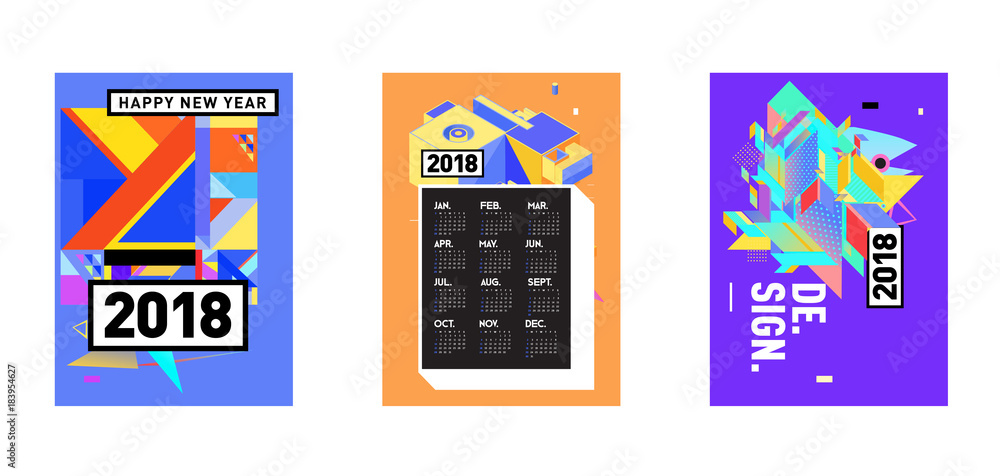 Poster calendar_desiset of wall calendar 2018 template design with colorfull background patterngn_set