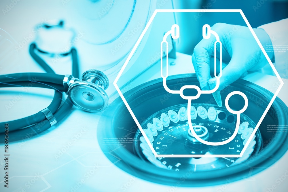 Poster composite image of digital background with stethoscope sign