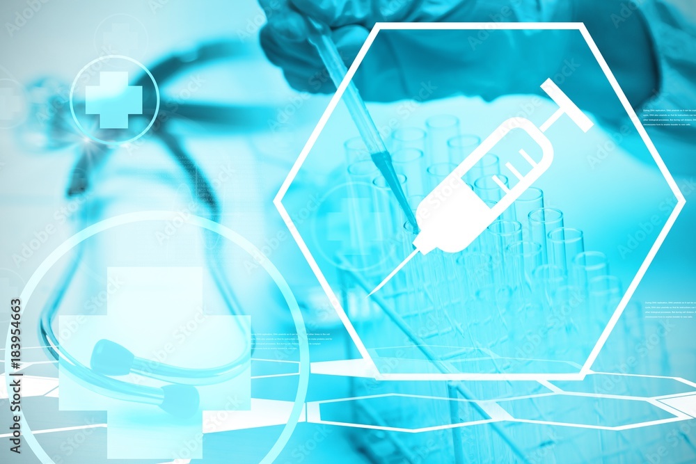 Poster composite image of digital background with scientist device