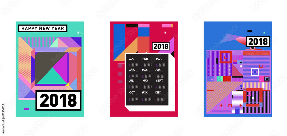 Poster calendar_desiset of wall calendar 2018 template design with colorfull background patterngn_set