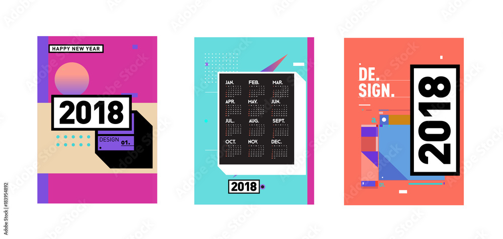 Poster calendar_desiset of wall calendar 2018 template design with colorfull background patterngn_set