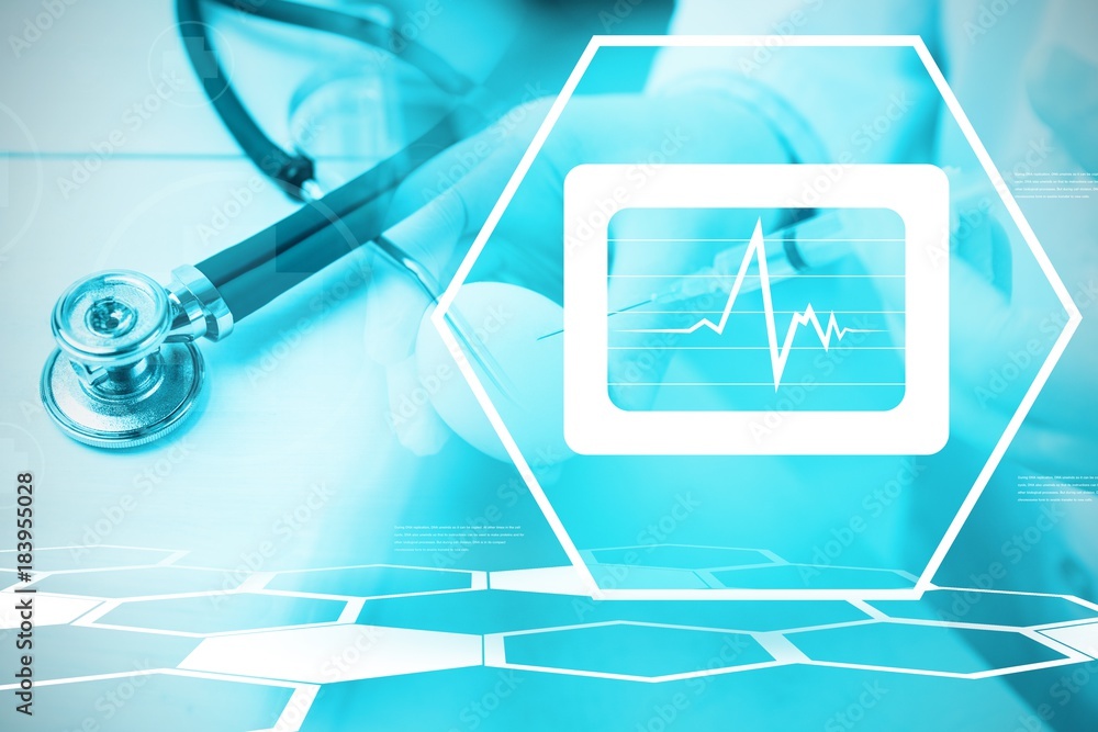 Poster composite image of digital background with heart beating sign