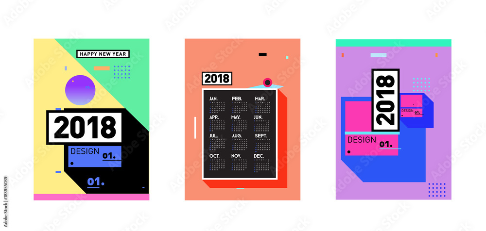 Poster calendar_desiset of wall calendar 2018 template design with colorfull background patterngn_set