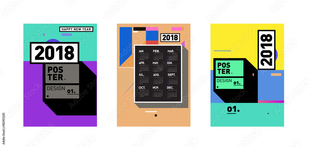 Poster calendar_desiset of wall calendar 2018 template design with colorfull background patterngn_set