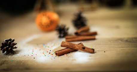 Christmas table. background image oranges and cinnamon sticks o