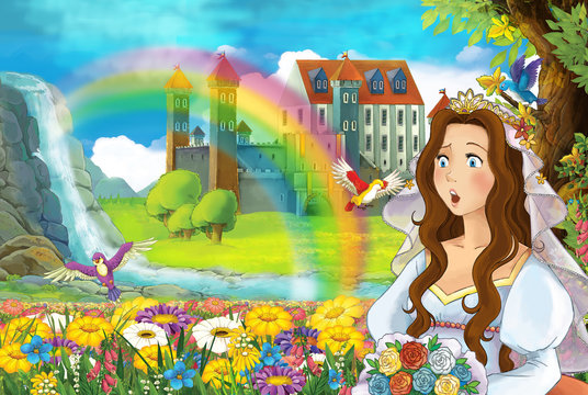 cartoon fairy tale scene with beautiful princess in the field full of flowers near big castle illustration for children
