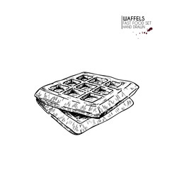 Hand drawn set of fast food. Sweet belgian waffles. Breakfast dessert. Vintage engraved vector illustration. Isolated on white. For restaurant, menu, street food, bakery, cafe, logo, flyer, banner