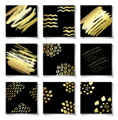 Set of gold ink brushes grunge square patterns, hand drawing backgrounds, brush strokes elements.
