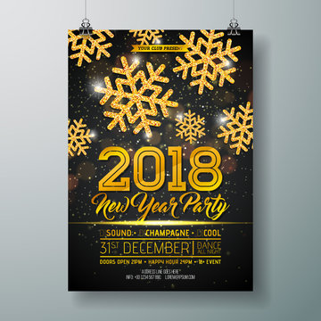 New Year Party Celebration Poster Template Illustration with 3d 2018 Number, Disco Ball and Firework on Shiny Colorful Background. Vector Holiday Premium Invitation Flyer or Promo Banner.