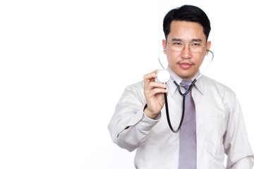 Asian doctor showing stethoscope on white background.