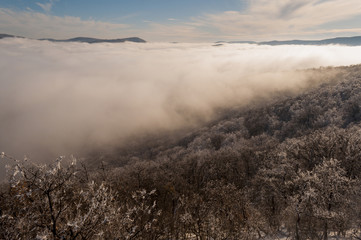 misty frosty snow winter landscape in nature, mist flowing, foggy winter landscape from Julianus tower 