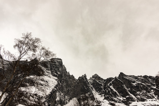 The peaks of the Troll Wall, Trollveggen in Norway, winter and snow