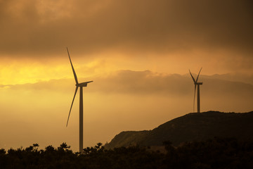 Windmills and beautiful sunset in Turkey
