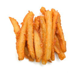 Homemade oil fried sweet potato fries on white background