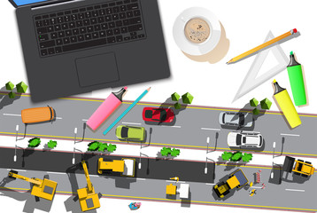 Top view computer and road with cars on white background
