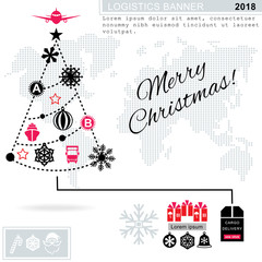Pathway in the shape of christmas tree on white background. Red black grey christmas logistics icons on the white background. Technology background. 