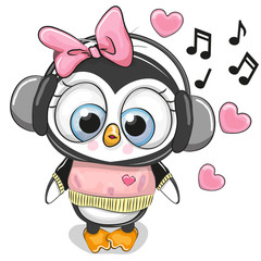 Fototapeta premium Kreskówka Penguin Girl ze słuchawkami