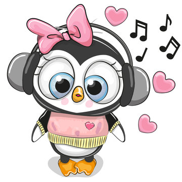 Cute cartoon Penguin Girl with headphones