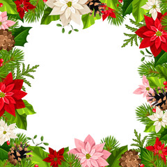Vector Christmas frame with fir branches, colorful poinsettia flowers and cones.