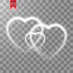 Happy Valentines Day greeting card. I Love You. 14 February. Holiday background with three hearts, light, stars on transparent background. Vector Illustration