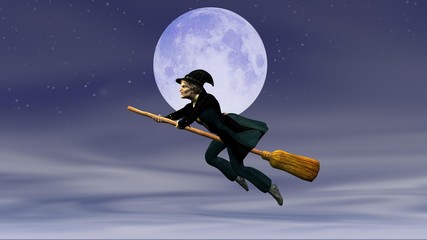 Befana su scopa volante con sfondo la luna