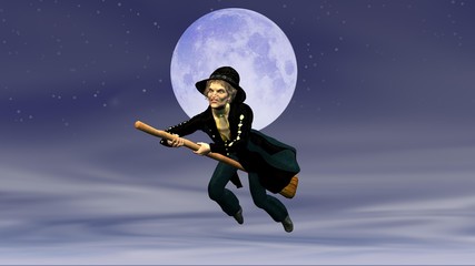 Befana su scopa volante con sfondo la luna