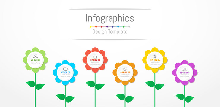 Infographic design elements for your business data with 6 options, parts, steps, timelines or processes, flowers concept. Vector Illustration.