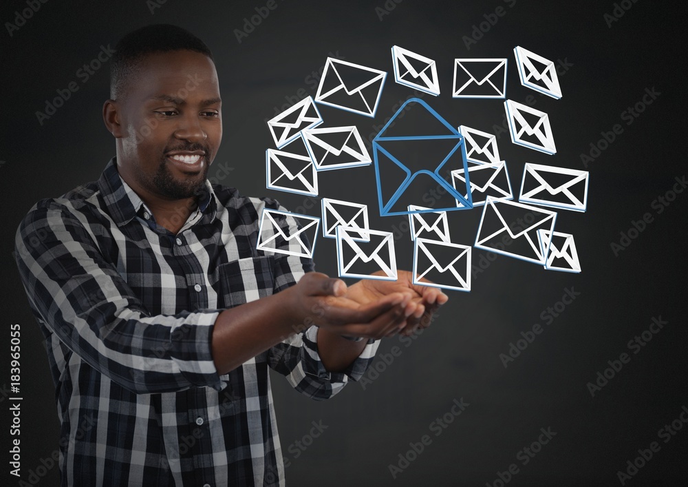 Poster email message app icons and businessman with hands palm open and