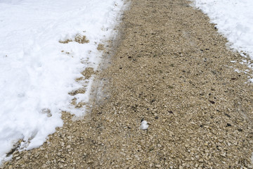 Cobblestone, gravel and a little snow - winter approach, close-up, texture, background