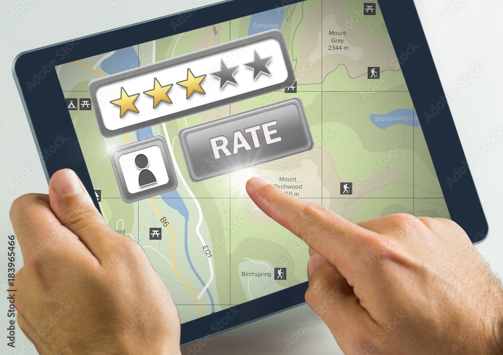 Aufkleber hand touching tablet with rate button and review stars with map