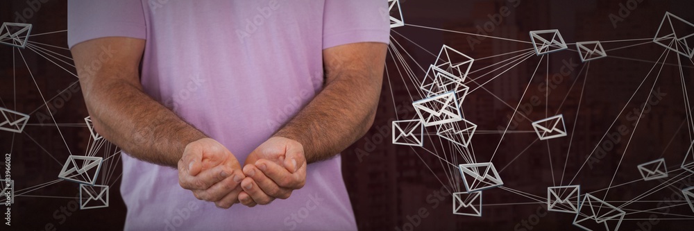 Poster email message icons connected and man with hands palm open and