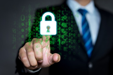 Businessman pressing lock icon with binary code, technology for cyber attack, computer crime, information security and data encryption. 