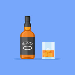 Bottle and glass of whiskey with ice isolated on blue background. Flat style vector illustration.