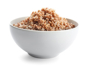 Fototapeta na wymiar Bowl with cooked buckwheat on white background