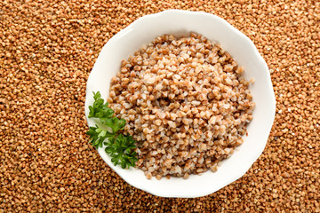 Top view of plate with cooked buckwheat