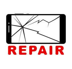 Broken smartphone with cracked touch screen, cell phone flat icon pictogram with caption Repair.