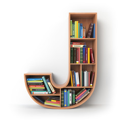 Letter J. Alphabet in the form of shelves with books isolated on white.