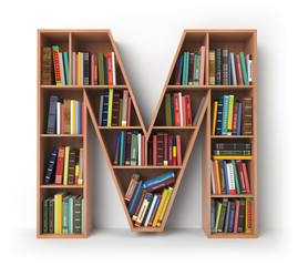 Letter M. Alphabet in the form of shelves with books isolated on white.