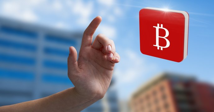 Hand touching bitcoin symbol icon