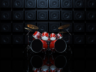 Red drum set in a dark room, on a background of guitar amps. 3D Render