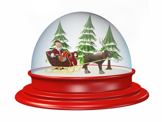 Schneekugel mit einem Weihnachtsmann und Geschenken in einem Schlitten der von einem Rentier gezogen wird.

