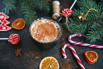 Christmas hot chocolate in a black cup with caramelized oranges, fir branches and candy cane on dark background, Selective focus