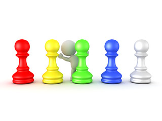 3D Character waving from behind row of colorful chess pawns