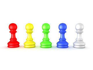 3D illustration of many colored chess pawns