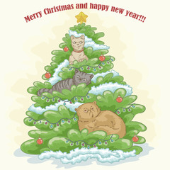 Obraz premium Christmas fir tree on which sit the cats. Vector illustration.