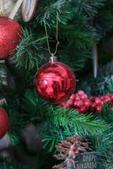 Red christmas ball on the christmas tree.