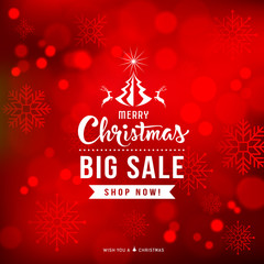 Merry Christmas sale concept design with snowflake on red background, vector illustration