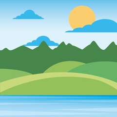 nature landscape mountains with sky sun clouds hills and grass rural scenery vector illustration