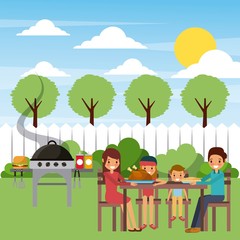 Obraz na płótnie Canvas family eating dinner in the garden with grill hot food vector illustration