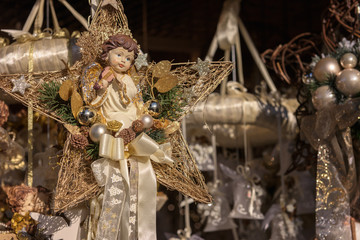 Christmas decorations handmade for sale at the Christmas Market in Vienna, Austria. Selective focus
